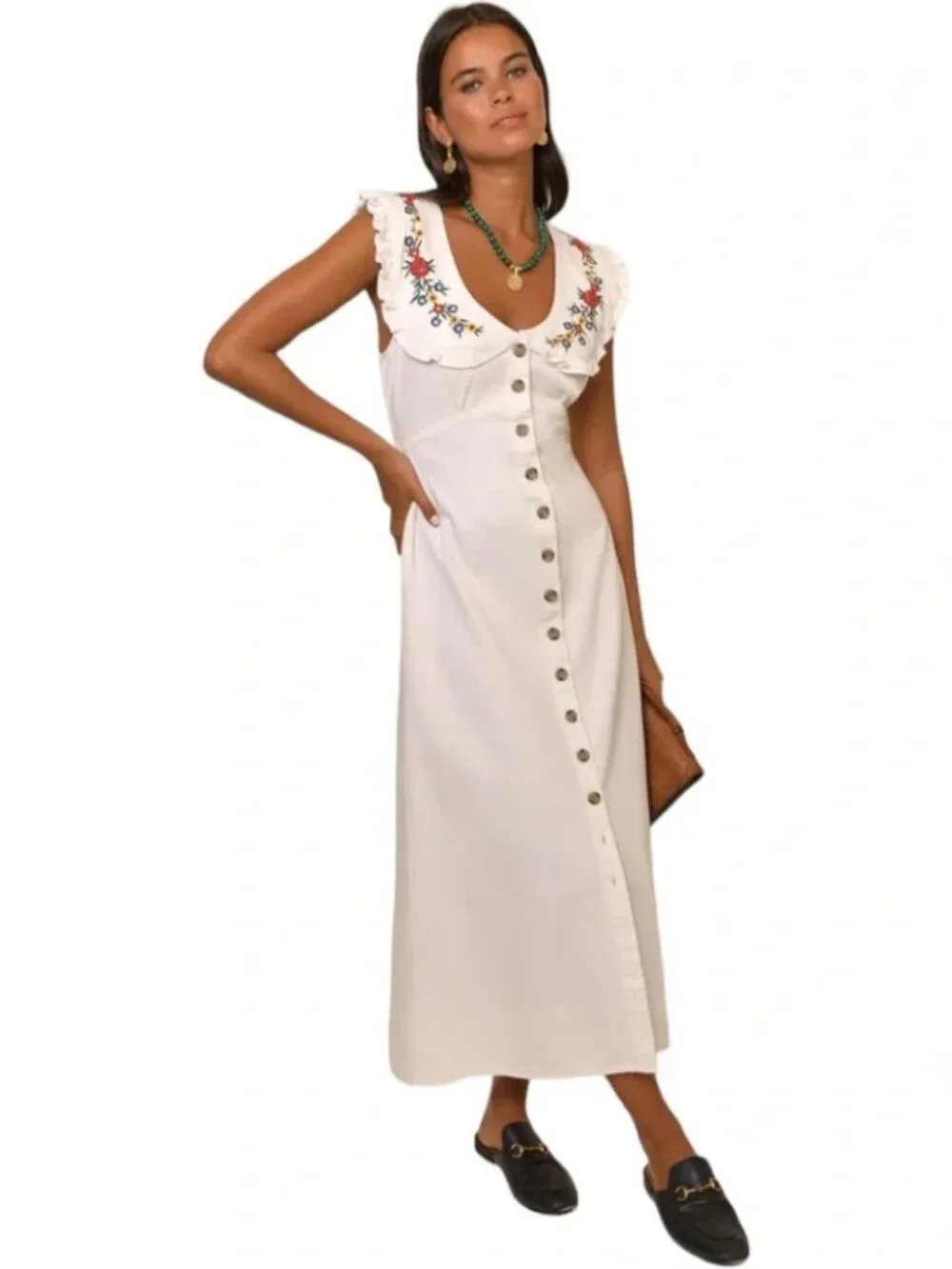 RIXO Nova Dress Midi Floral Embroidered Spread Collar Ecru Button front M - Picture 2 of 14